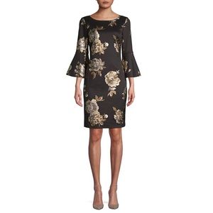 NWT Eliza J Black/Metallic Foil Floral Sheath Dress with Bell Sleeves Si…